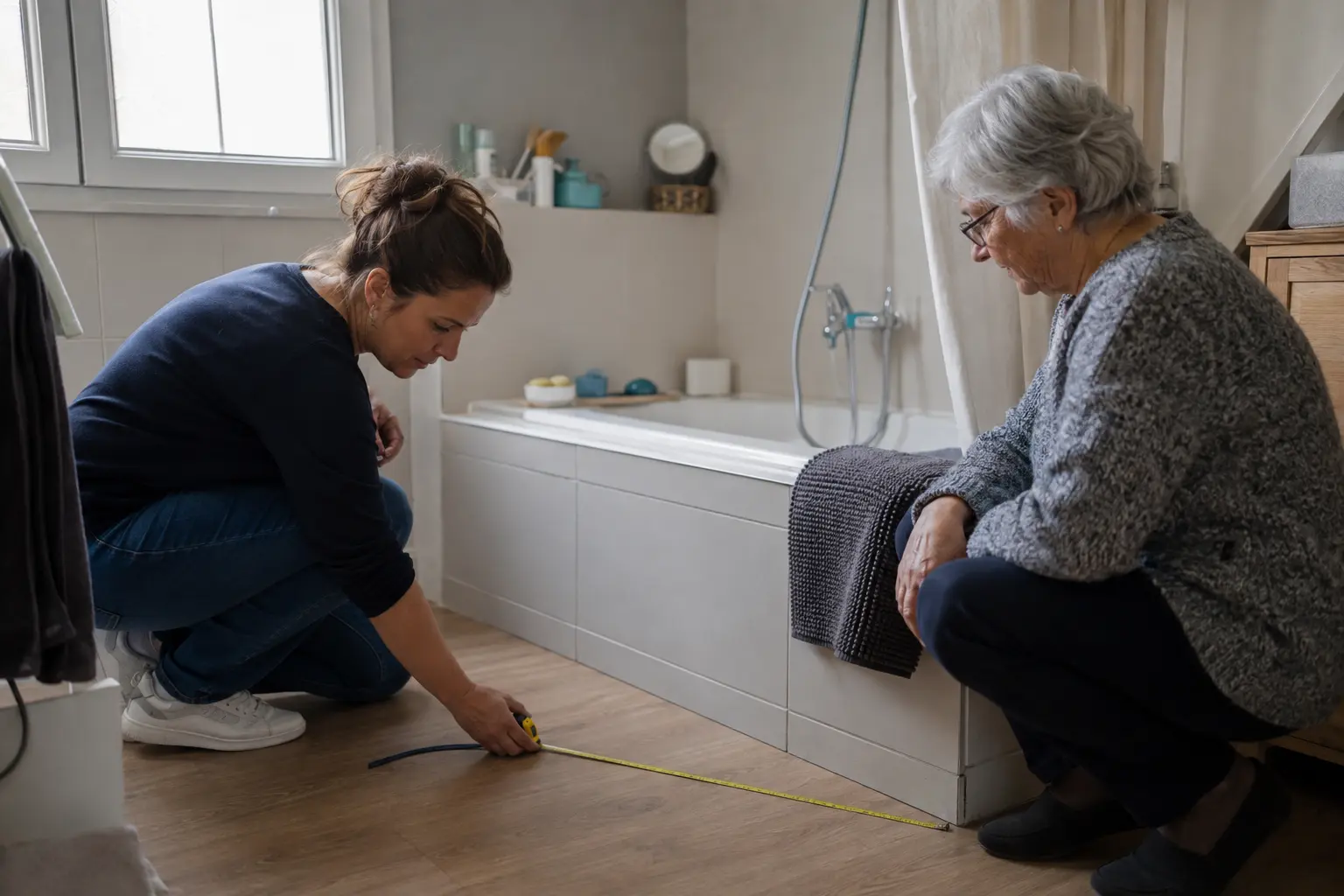 Une ergothérapeute évalue avec une femme âgée les circulations dans sa salle de bain