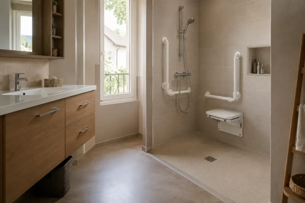 Salle de bain rénovée avec douche de plain-pied, siège et barres d’appui