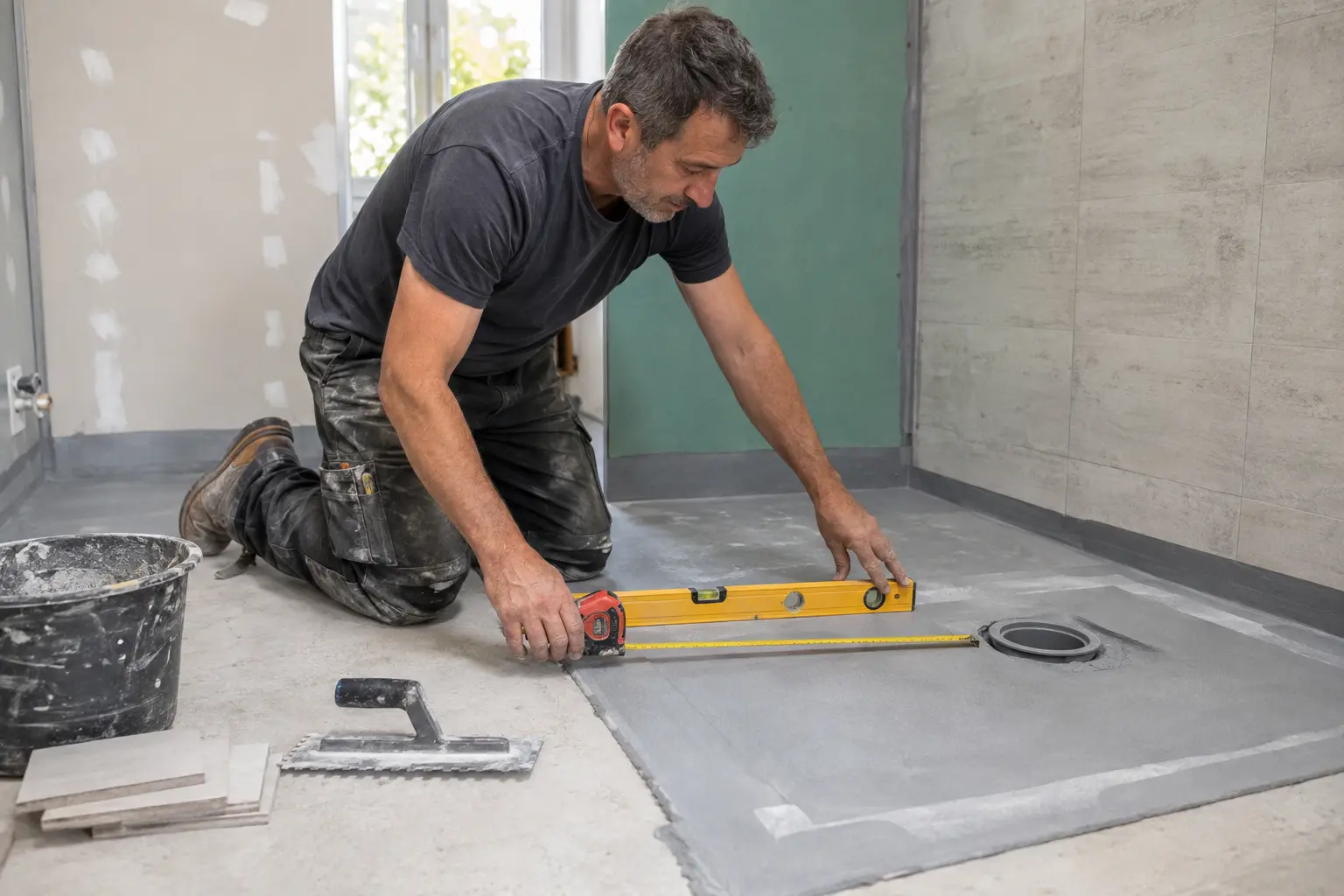 Un installateur mesure le niveau du sol et l’évacuation pendant la rénovation d’une douche