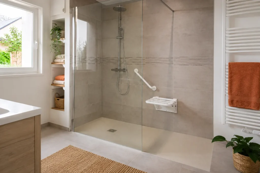 Douche accessible de plain-pied avec siège rabattable, barre d’appui et sol antidérapant