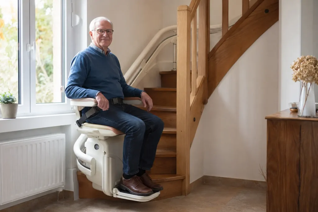Un homme âgé utilise un monte-escalier installé dans sa maison